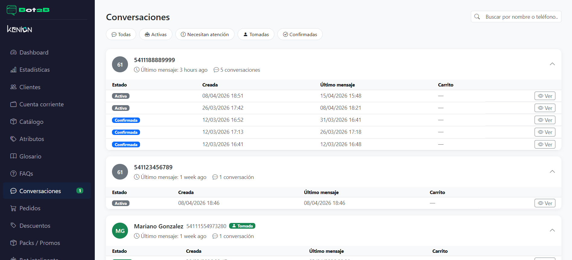 Panel de conversaciones Bot2B